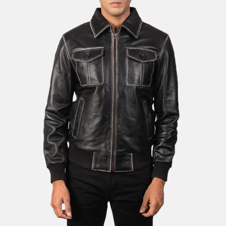 Mens Aaron Black Leather Bomber Jacket5893-5-1568890343979